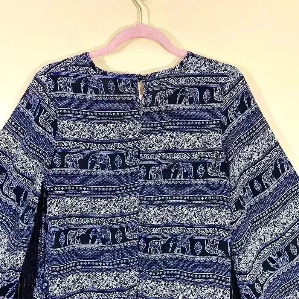 See You Monday Fringed Bell Sleeve Elephant Safari Boho Crop Back Split Top (M) - Picture 12 of 15
